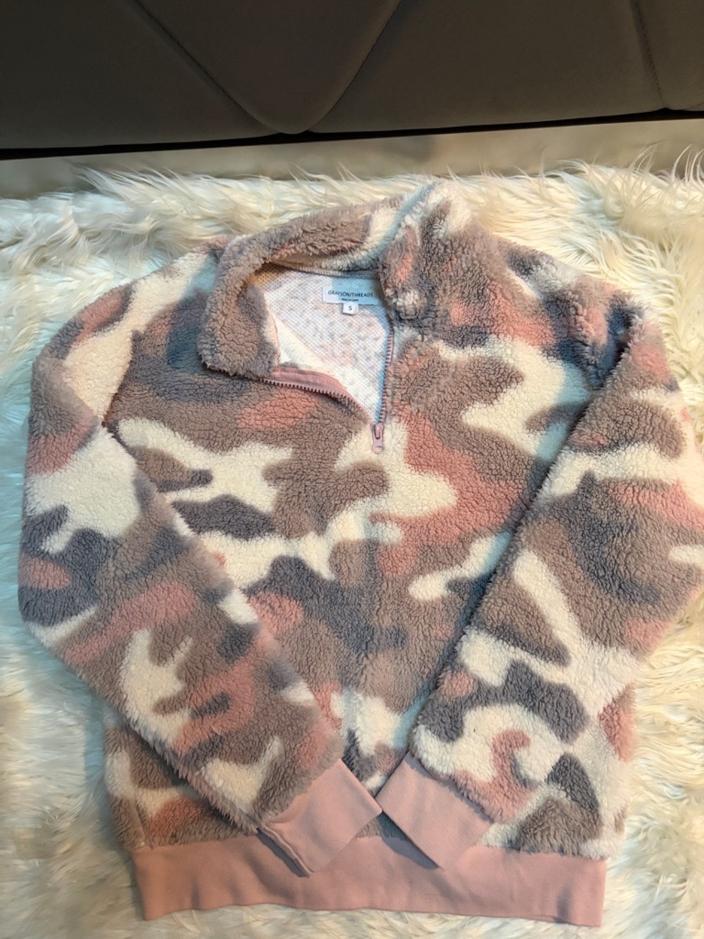 Grayson Threads Plush Half-Zip Puffer Jacket in Pink, Cream & Gray Camo